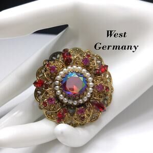 Vintage West Germany Red Rhinestone Filigree Brooch Faux Pearl 1950s
